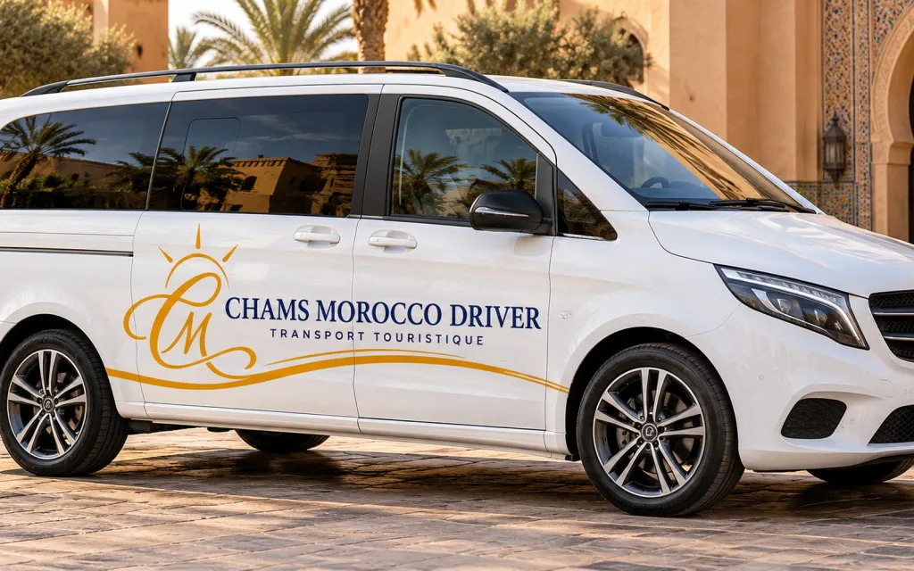 Chauffeur privé Chams Morocco Driver en Mercedes Vito devant la Koutoubia, Marrakech